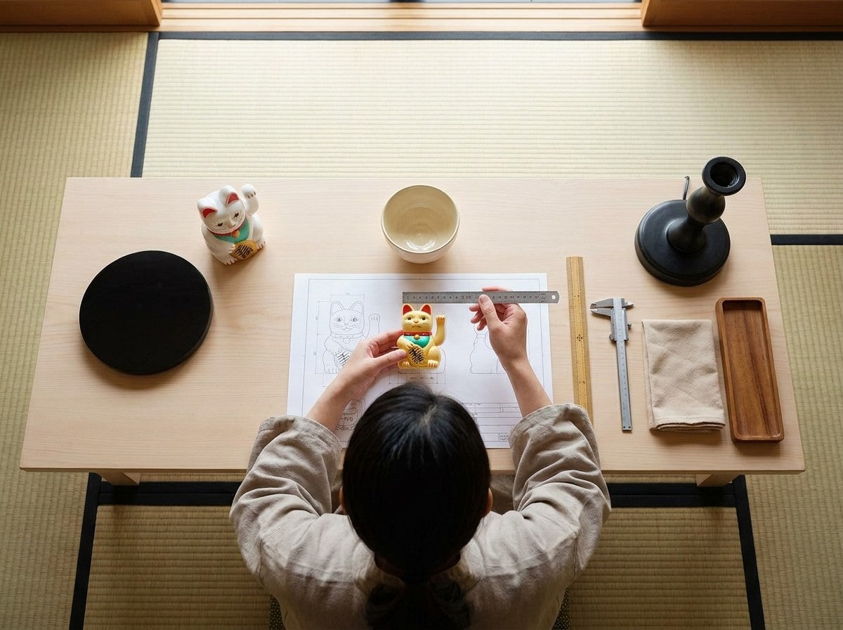Overhead craftsmanship shot measuring a traditional gold maneki neko figurine with raised paw against a scale blueprint, white maneki neko and calipers on the wooden table
