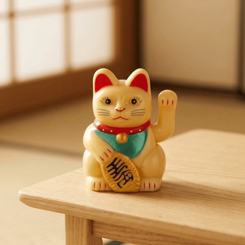 Cheerful yellow maneki neko figurine with waving paw resting on wooden table in traditional Japanese room with tatami flooring