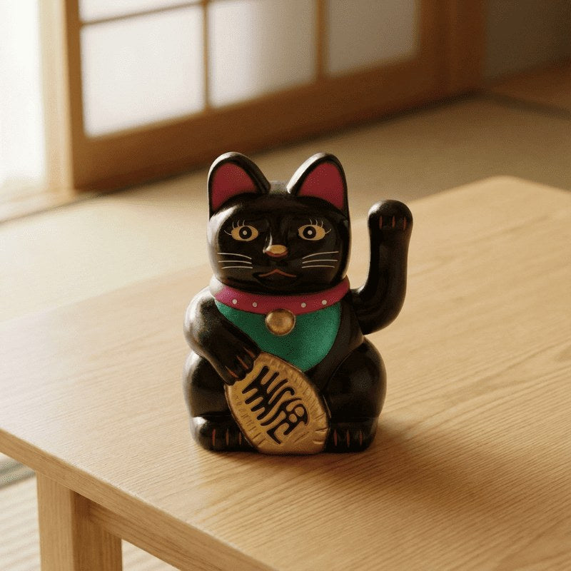 Black maneki neko lucky cat statue with golden eyes and treasure coin on wooden table in traditional room with shoji screen