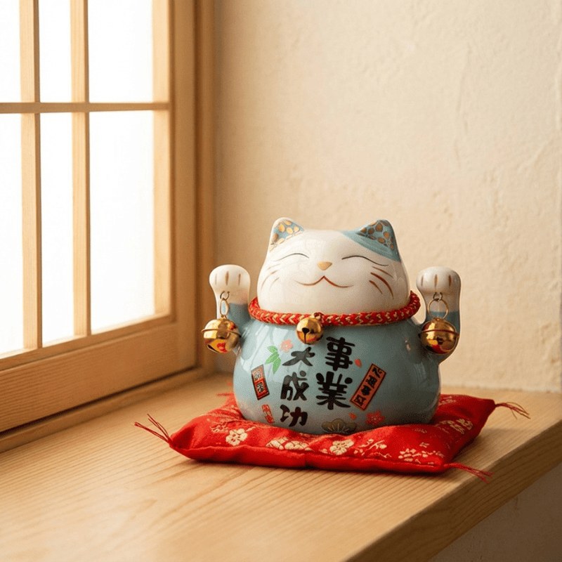 Traditional maneki neko lucky cat with turquoise body and raised paws sitting on red cushion near wooden windowsill catching warm natural sunlight