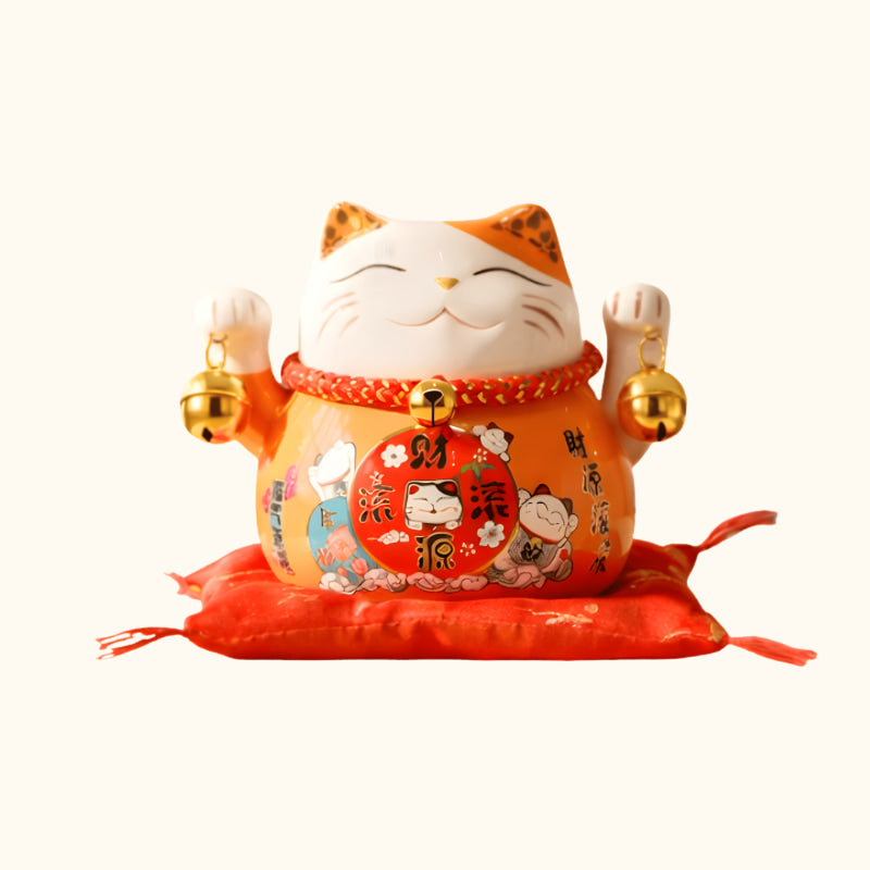 Orange Maneki Neko Lucky Japanese ceramic cat with raised paws, golden bells and traditional lucky symbols