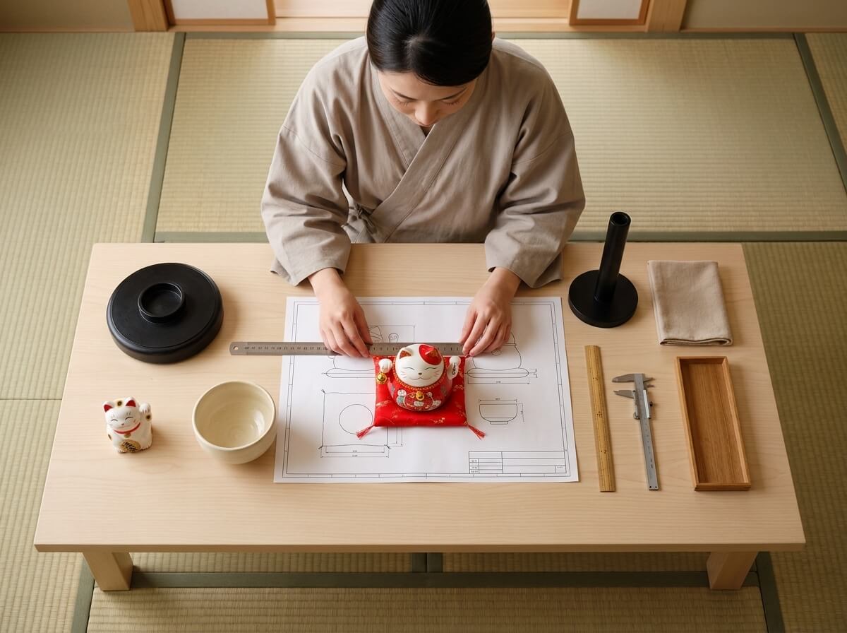 Craftsperson measuring a small maneki neko statue with raised paw against its technical blueprint, ruler in hand, with a larger maneki neko figurine, ceramic bowl, and calipers on a light wood table