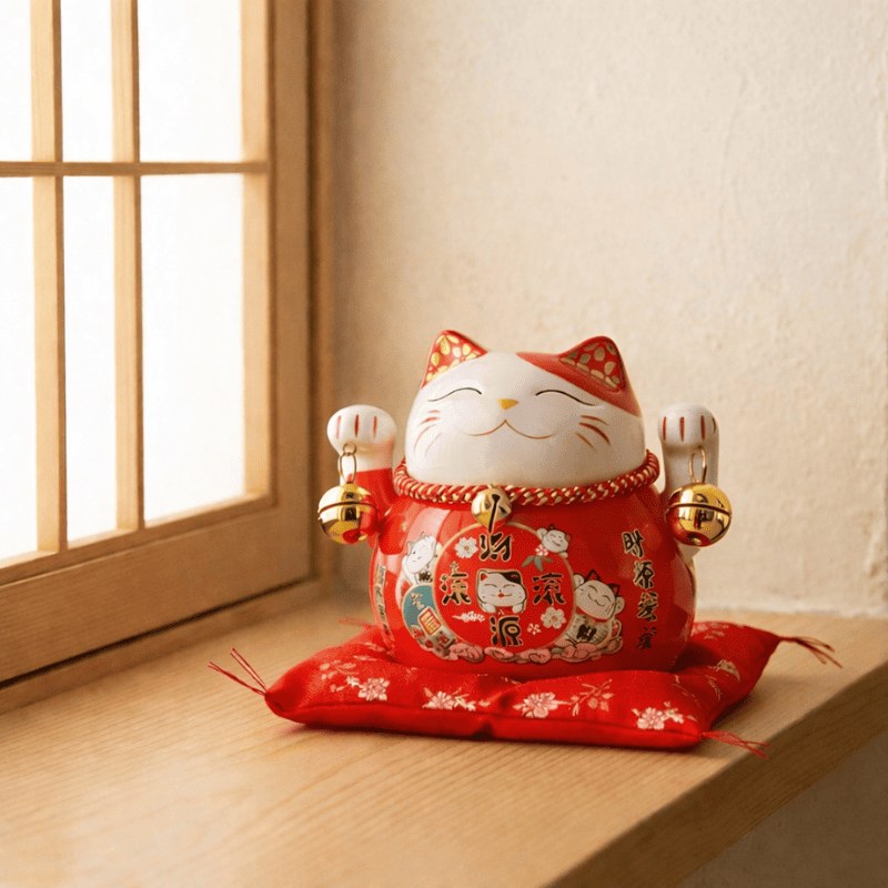 Beckoning maneki neko statue in vibrant red with traditional kanji calligraphy sitting on floral cushion near shoji screen catching warm sunlight