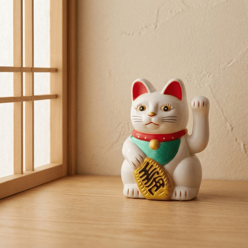 Pure white maneki neko wavin with raised paw and golden coin on wooden windowsill in bright traditional Japanese interior