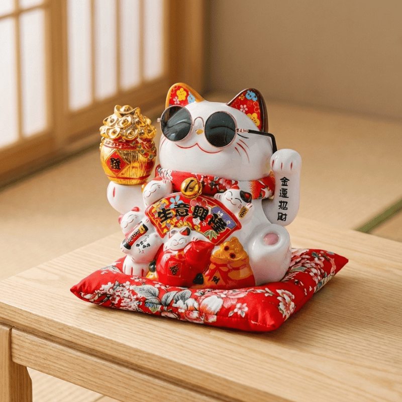 White maneki neko lucky cat with colorful floral ears on red cushion positioned on wooden shelf in bright traditional interior with natural light