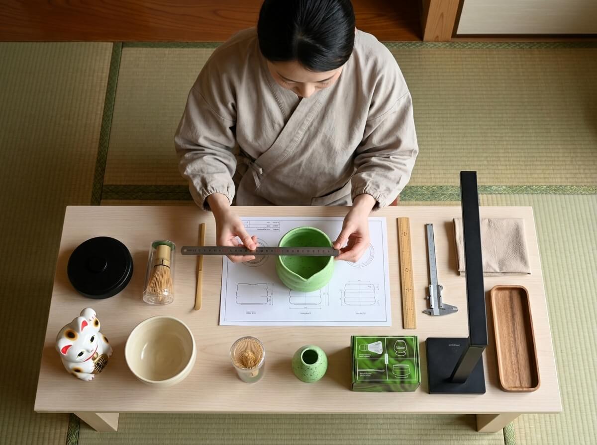 Woman in a linen apron holding a vibrant green ceramic matcha bowl set, bamboo whisk and scoop arranged on a tray in a traditional tatami tea room