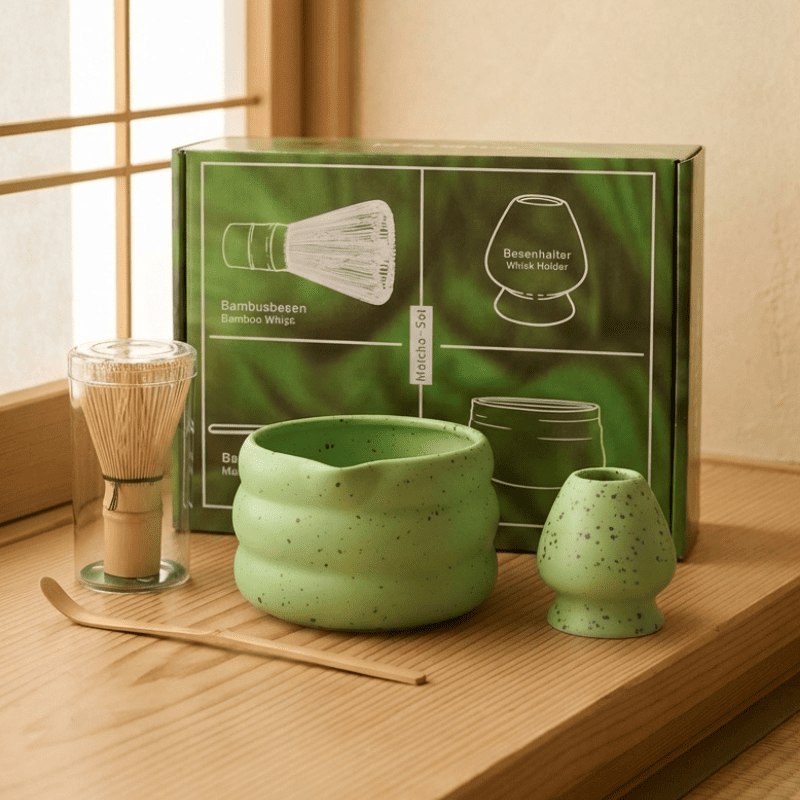 Mint green matcha bowl set with complete bamboo accessories and illustrated box positioned on windowsill catching warm afternoon sunlight