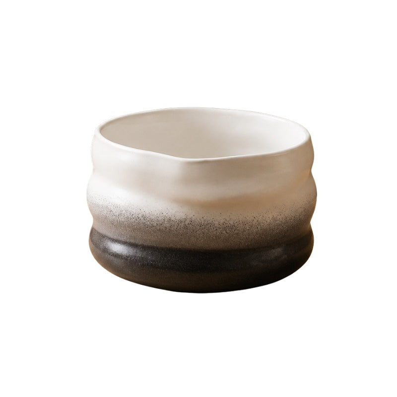Matcha ceramic bowl in black with white-to-dark gradient and wavy ribbed texture on white background