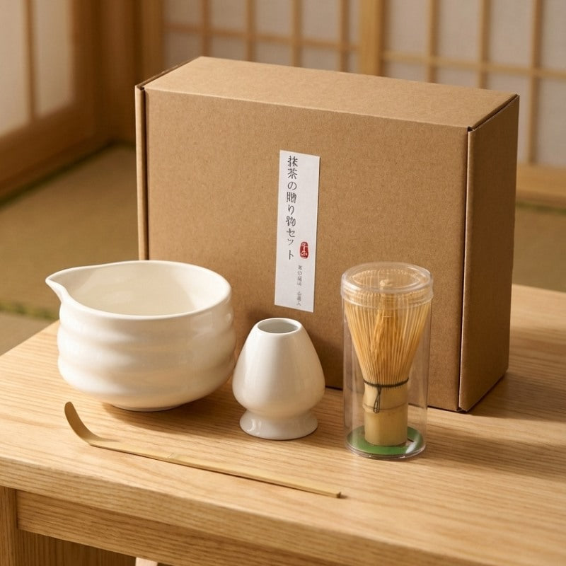 Elegant matcha japanese whisk set featuring ceramic bowl whisk holder and bamboo scoop arranged on wooden surface near shoji screen