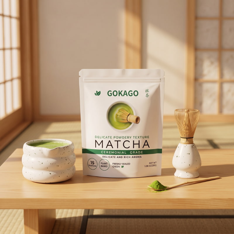 Japanese matcha powder by GOKAGO displayed with a ceramic tea bowl, bamboo whisk and scoop in a sunlit tatami room.