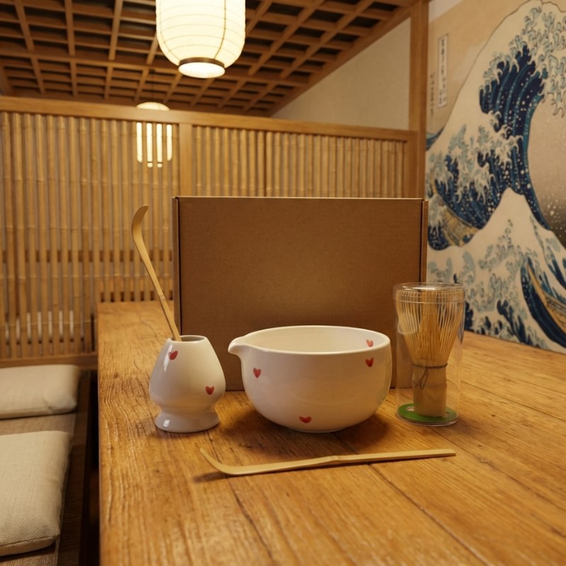 Matcha set tea porcelain white bowl and whisk holder with red hearts bamboo chasen and scoop in Japanese restaurant with Hokusai wave