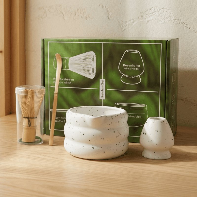 Complete matcha tea set featuring white ceramic bowl with bamboo tools and green packaging on wooden surface in warm natural light