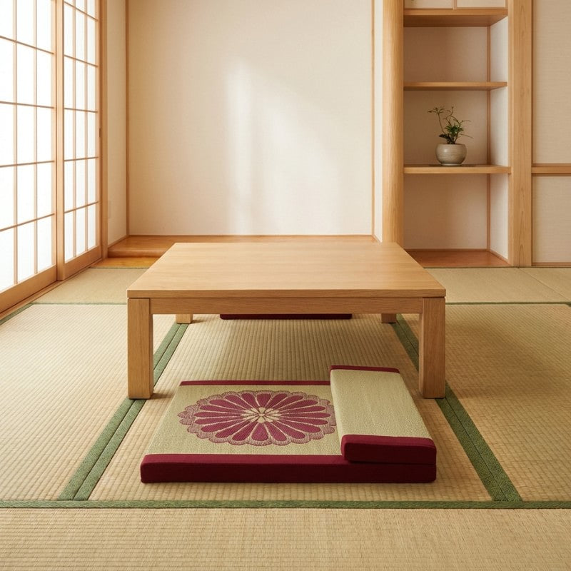 Meditation cushion floor with burgundy borders chrysanthemum embroidery near chabudai table on tatami with shoji screen and tokonoma alcove
