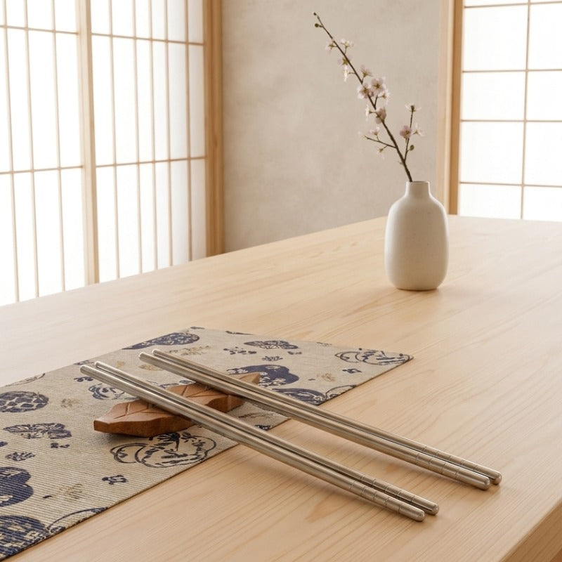 Pair of metal chopsticks Japanese style in brushed stainless steel on a leaf-shaped wooden rest, laid on a blue floral Japanese placemat with a ceramic vase of cherry blossoms and shoji screens in the background