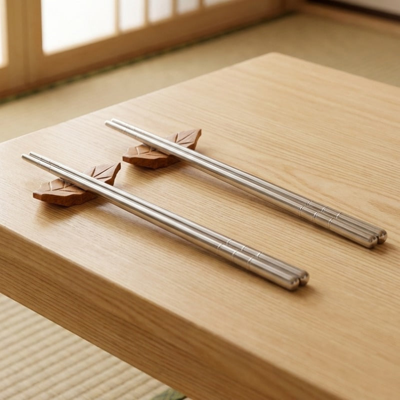 Two pairs of metal chopsticks in brushed stainless steel resting on leaf-shaped wooden holders on a light wood table near a shoji window with tatami flooring visible below