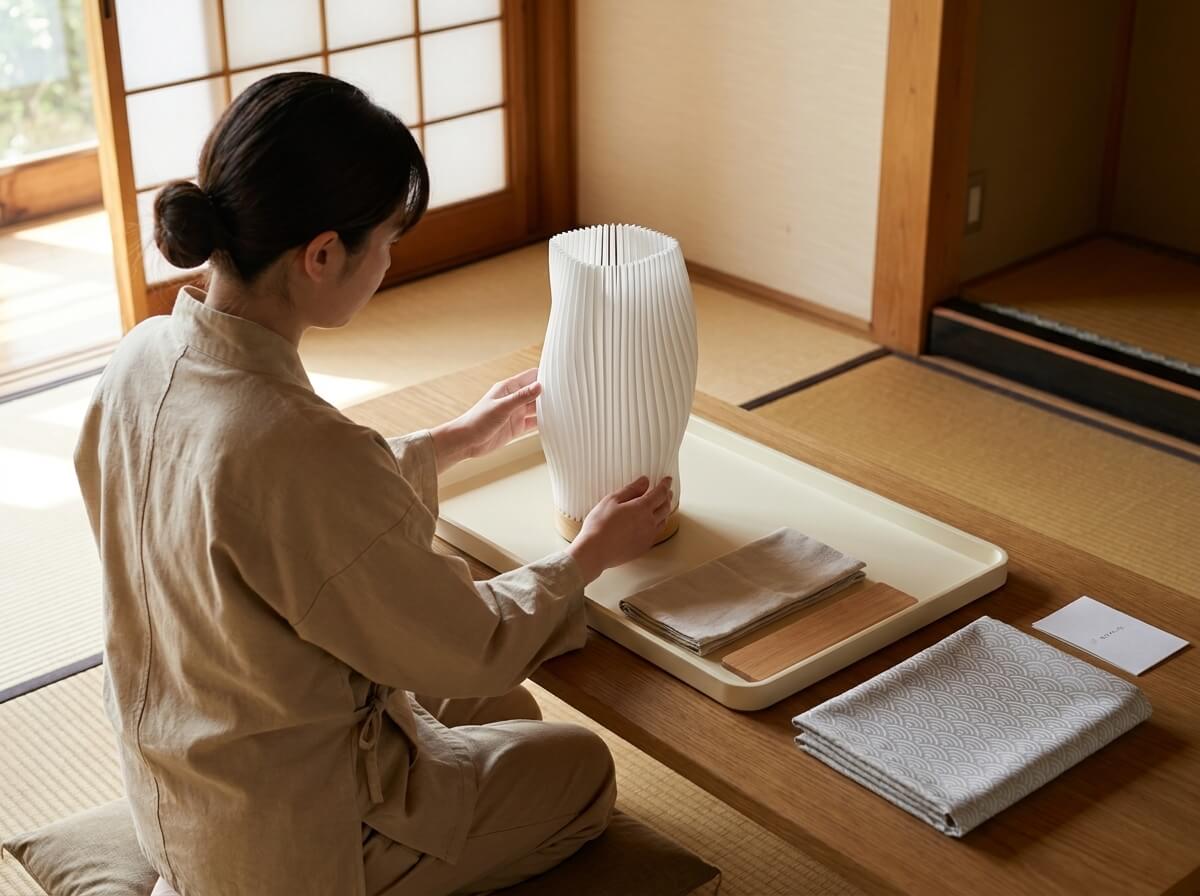Woman in a linen apron examining a modern japanese lamp with a pleated white paper shade on a wooden tray, blending sleek form with traditional tatami room details