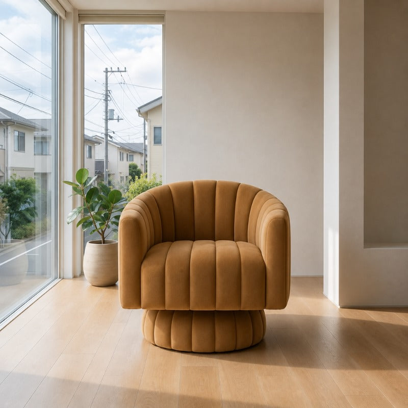 Modern Japanese sofa brown with terracotta bubble upholstery on light wood flooring near window overlooking residential neighborhood