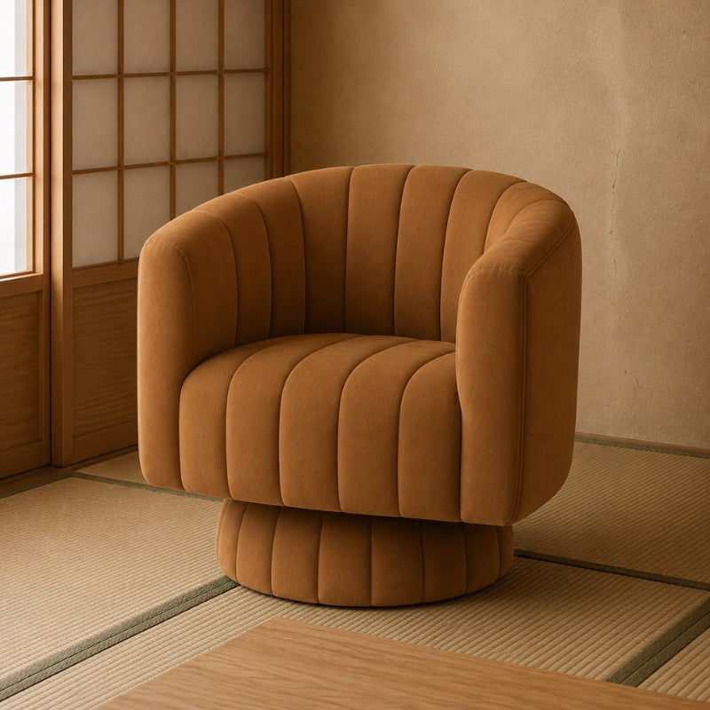 Modern Japanese sofa chair in burnt orange velvet with channel tufting standing on a tatami mat floor near a shoji sliding door