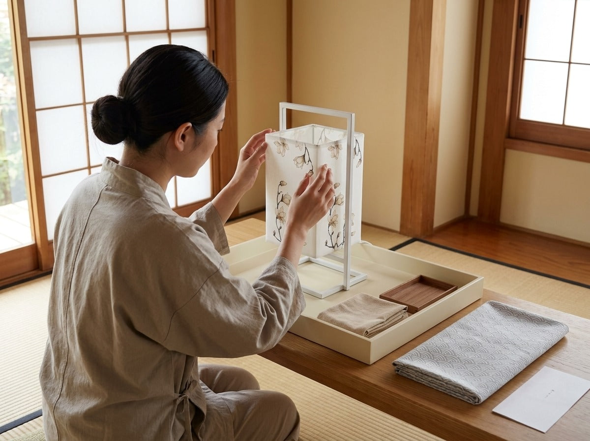 Artisan adjusting the floral fabric shade of a modern Japanese table lamp with white metal frame, magnolia branch print, tray with folded cloths on tatami room table