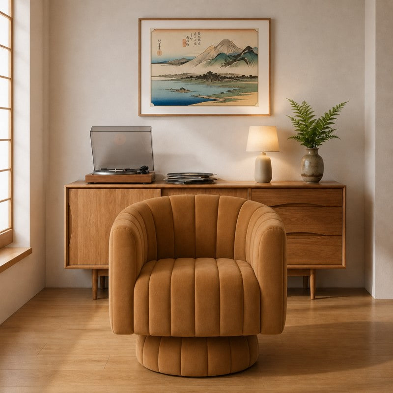Modern sofa chair in camel velvet with channel tufting placed in a japanese inspired living room, wooden sideboard with turntable and ceramic vase in the background