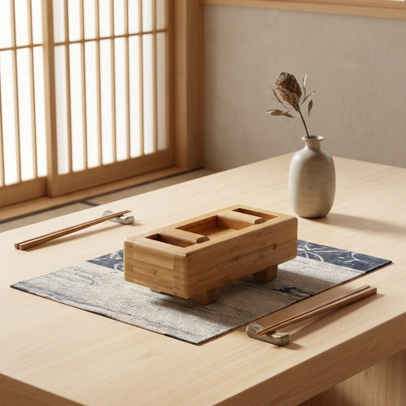 Authentic mold sushi in natural bamboo with rectangular press frame on indigo patterned placemat with chopsticks and ceramic vase in sunlit Japanese dining room with shoji screens