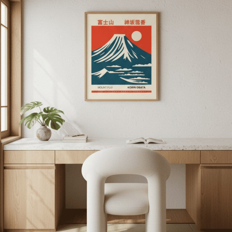 Mont fuji japanese print poster in bold red and blue colors hanging above modern desk workspace with natural light from window