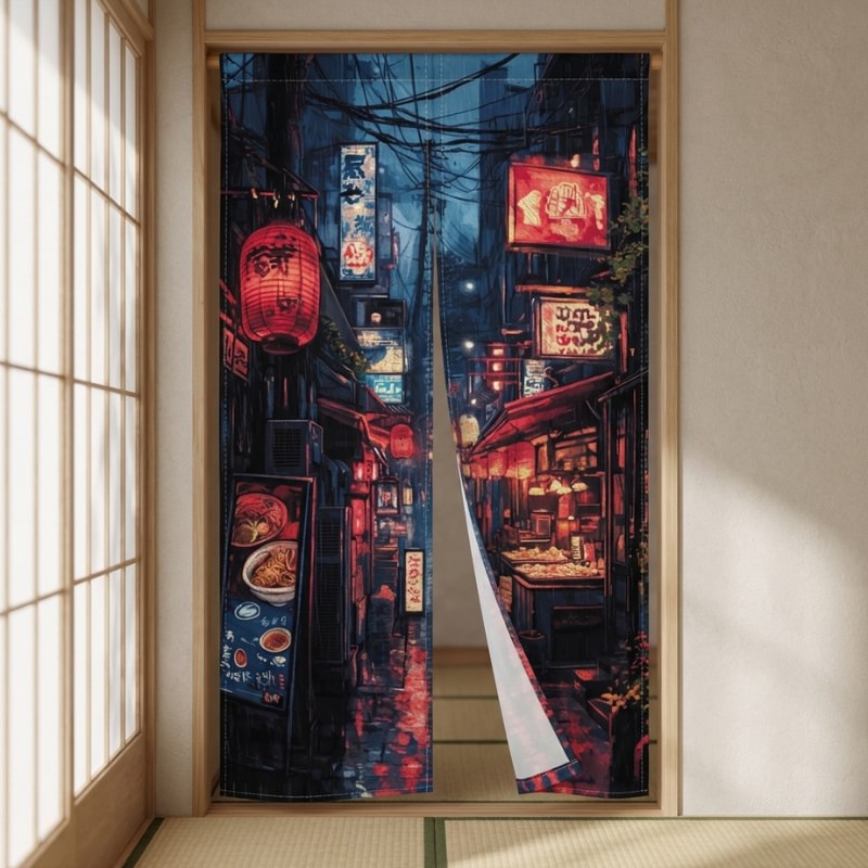 Traditional noren curtains with Tokyo town night scene red lanterns neon shop signs and rainy alley reflections hanging in tatami room doorway with shoji screen panels