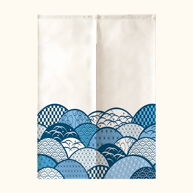 Full view of noren doorway japanese curtain featuring layered blue seigaiha wave motifs with geometric and floral patterns on white background
