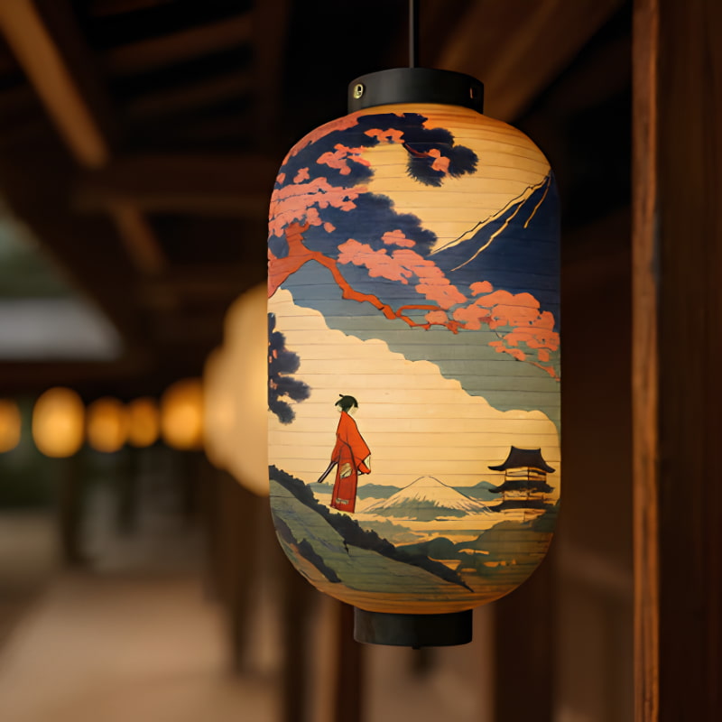 Illuminated paper lamp in japanese style painted with a robed figure, pink blossom branches, and Mount Fuji, hanging beneath a wooden temple corridor with more glowing lanterns lined up in the distance