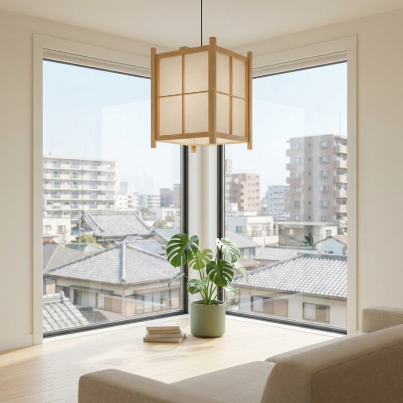 Elegant paper japanese pendant light with grid framework hanging at corner window with urban temple view