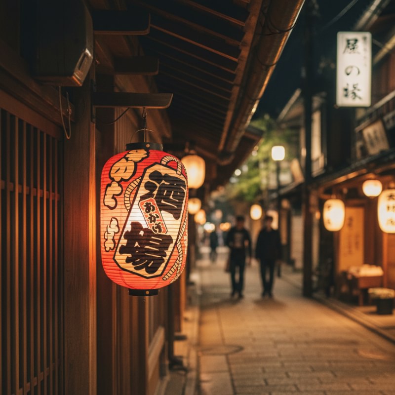 Vibrant paper lanterns japanese with sake kanji glowing outside traditional wooden shopfront on historic district street at night