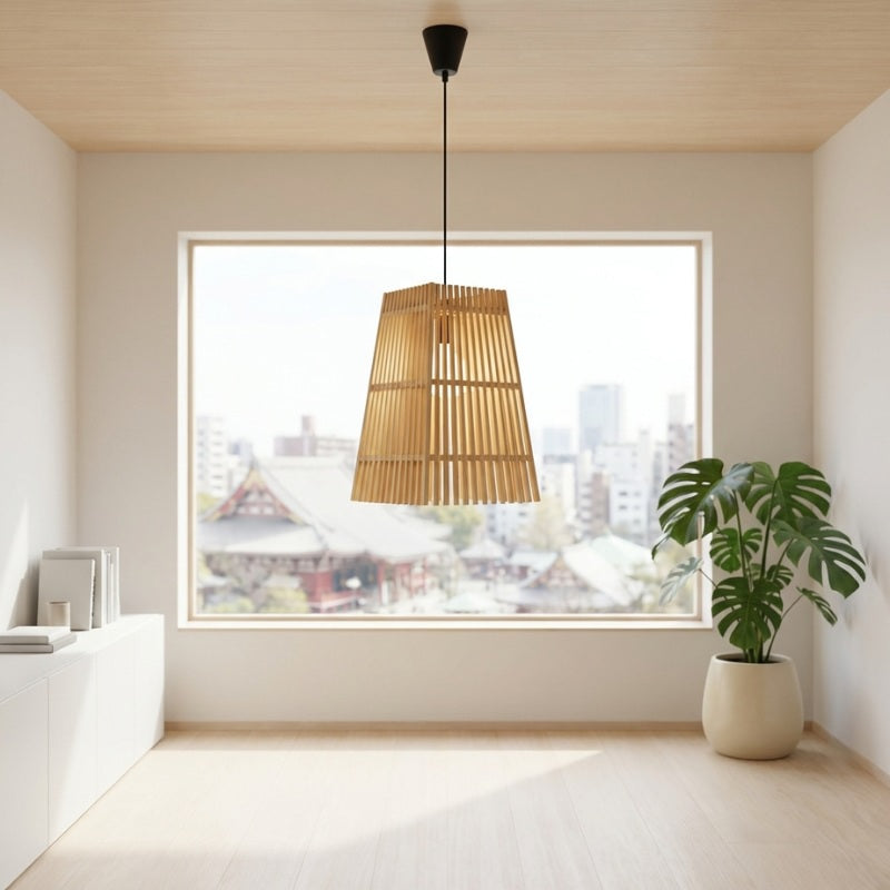 Pendant Japanese light fixture conical bamboo with vertical slats hanging in minimalist room with panoramic city window view