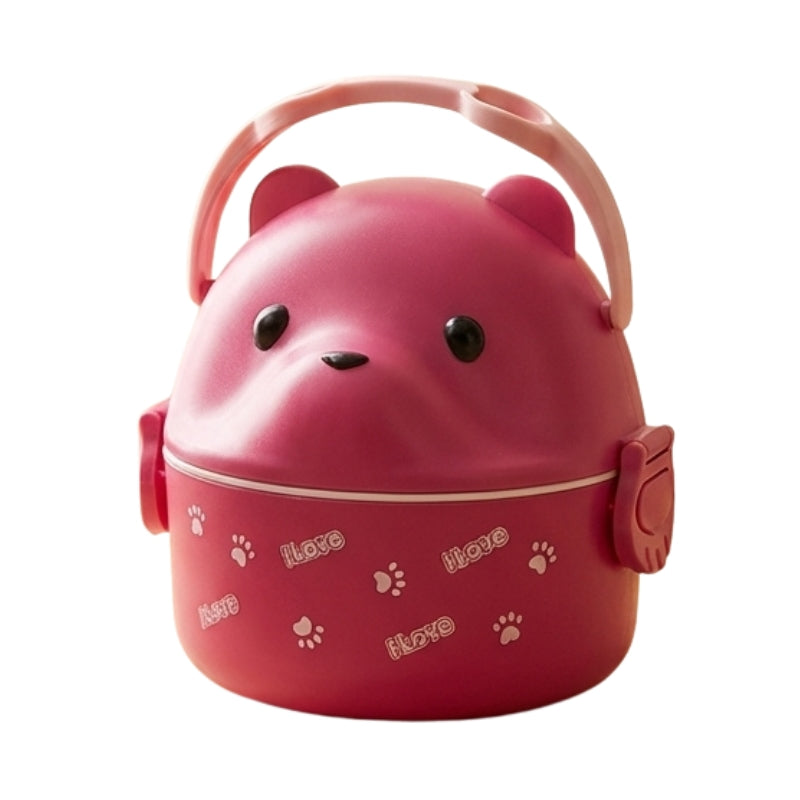 Pink bento box cute japanese with bear lid paw prints and love messages on clean white background