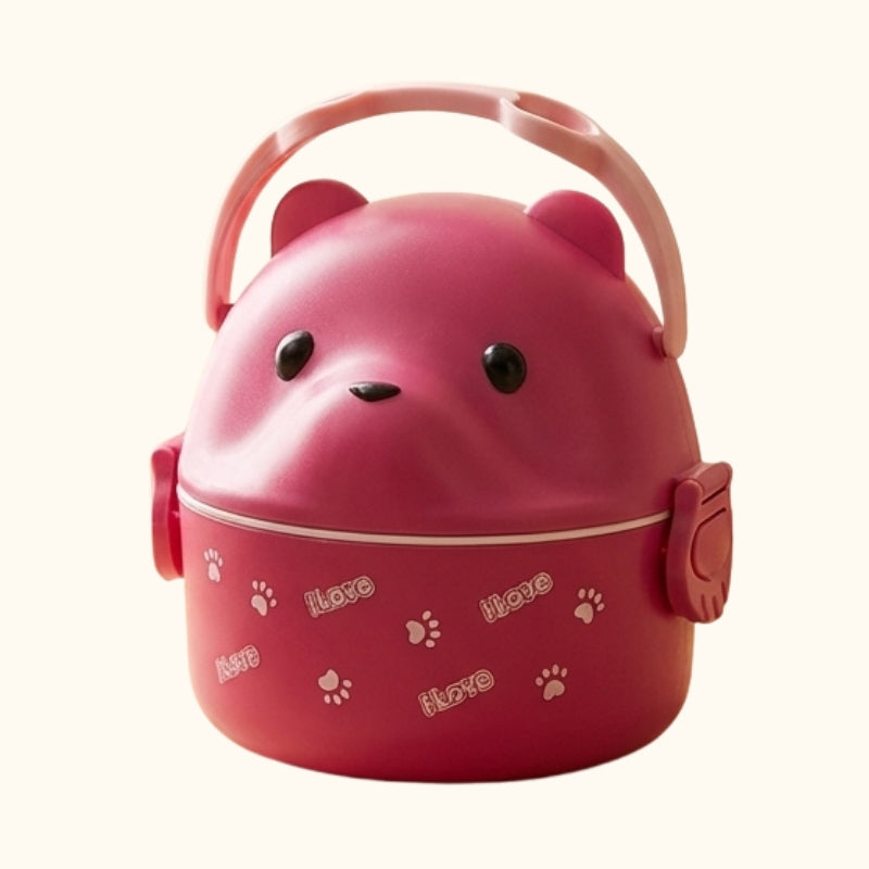 Pink bento box cute japanese with bear lid paw prints and love messages on clean white background