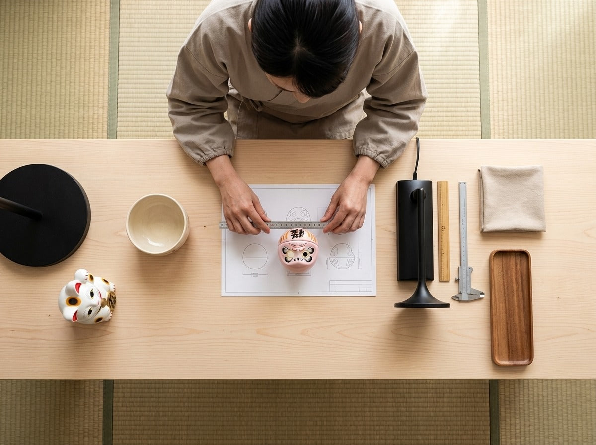 Overhead view of a woman in kimono measuring a small pink daruma doll with kanji inscriptions against technical blueprints on a tatami worktable with maneki-neko figurine
