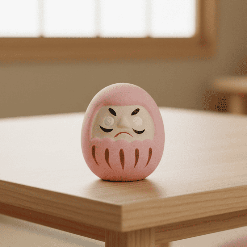 Soft pink daruma doll with traditional facial features displayed on wooden table in minimalist Japanese interior with natural daylight