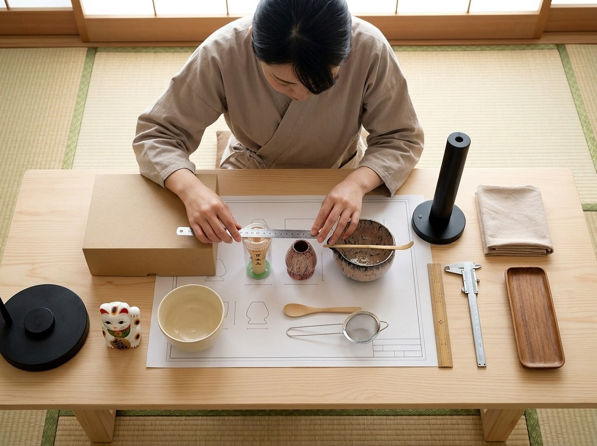 Overhead workshop shot arranging a pink glazed Japanese matcha tea set with bamboo whisk, sifter, wooden spoon and ceramic bowl on a scale blueprint, maneki neko figurine nearby