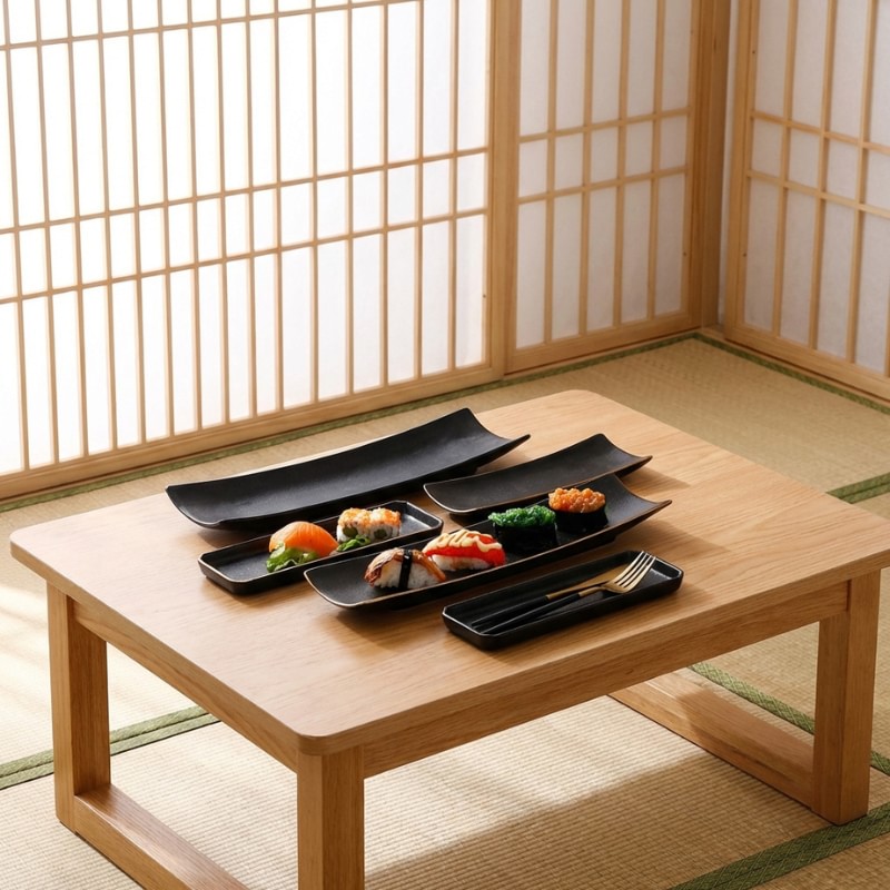 Contemporary plate black for sushi set with multiple pieces displayed on chabudai table in tatami room