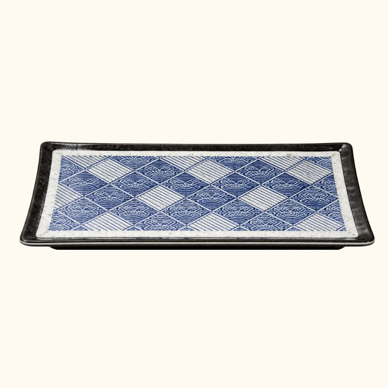 Large rectangular plate decoration sushi with traditional seigaiha wave patterns in blue and white porcelain