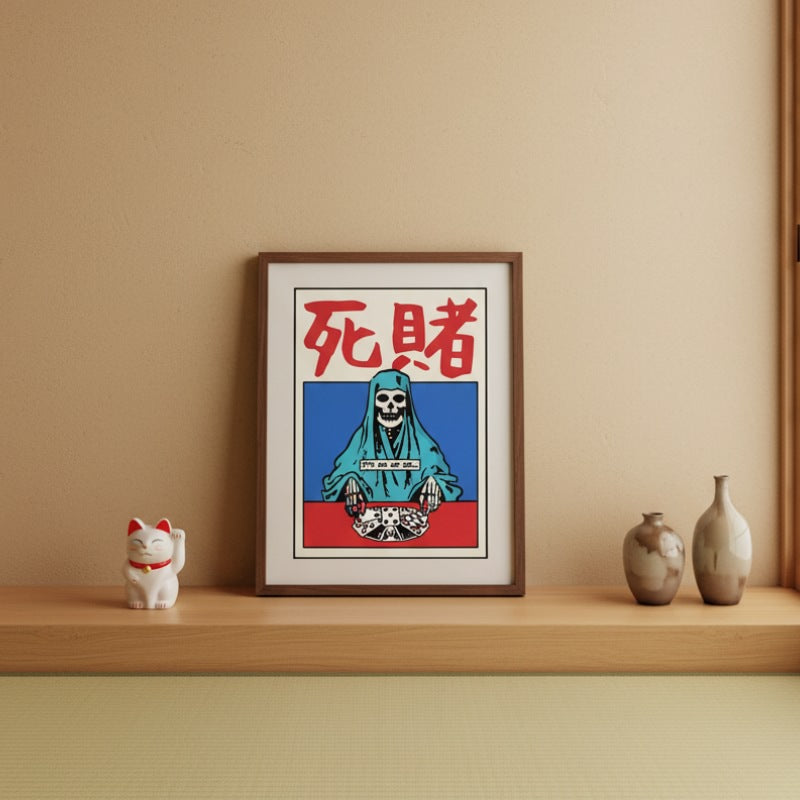 Modern poster art japanese featuring death figure in meditation pose displayed on wooden shelf with maneki neko and ceramic vases