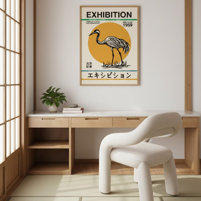 Elegant poster japanese crane exhibition artwork hanging above wooden desk with white chair and shoji screens in traditional Japanese interior