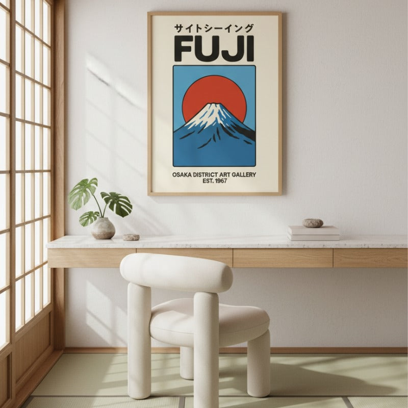 Elegant poster retro japanese with Mount Fuji landscape hanging above wooden desk with white chair and shoji screens in serene Japanese interior