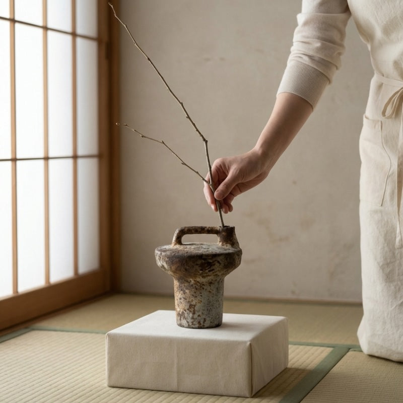 Hand placing branch in rustic pottery vase wabi sabi on fabric pedestal near shoji screen window