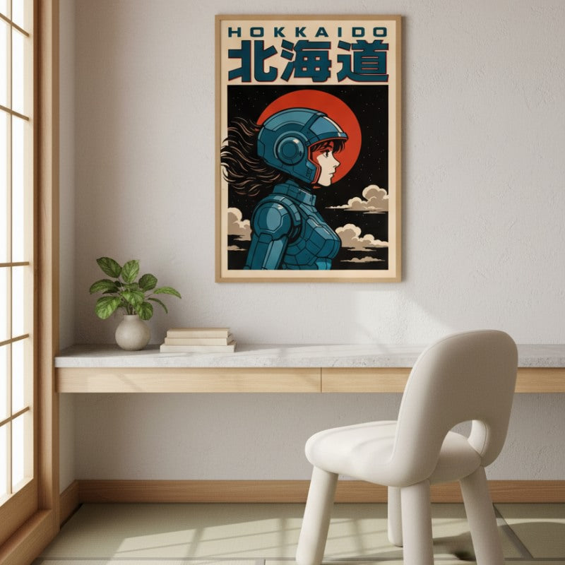Vintage print fabric japanese poster showing space traveler character hanging in serene Japanese interior with white chair wooden desk and natural lighting