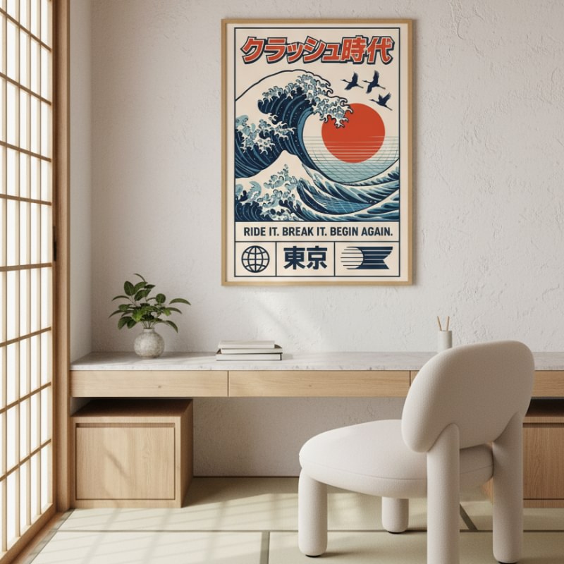 Modern print japanese the wave poster with Hokusai inspired design hanging in minimalist Japanese interior with white chair wooden desk and shoji screens