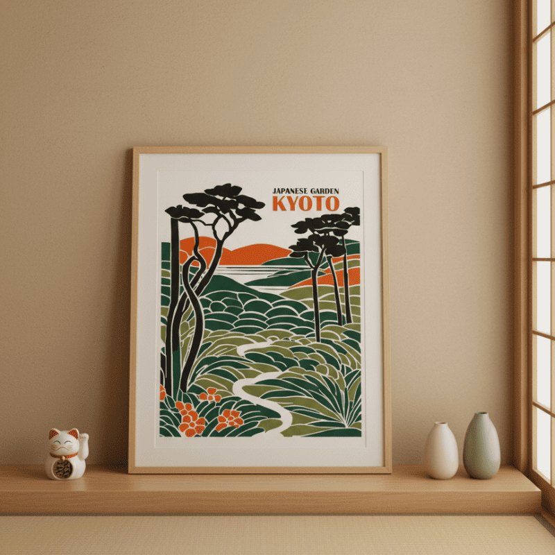 Kyoto garden print japanese poster with pine trees and layered landscape displayed on wooden shelf near shoji window with maneki neko