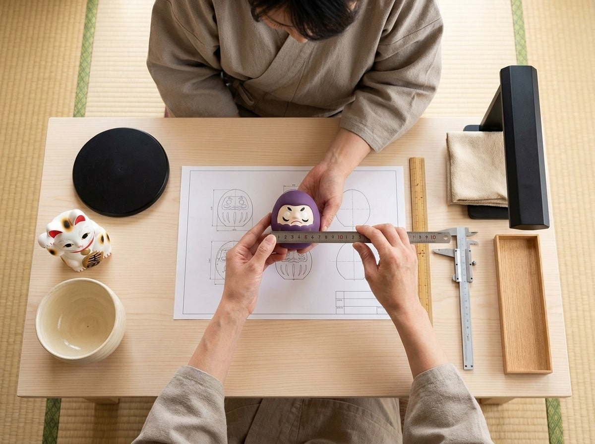 Two artisans together measuring a very small purple daruma with a ruler over a scale blueprint, calipers and maneki neko figurine visible on the wooden table