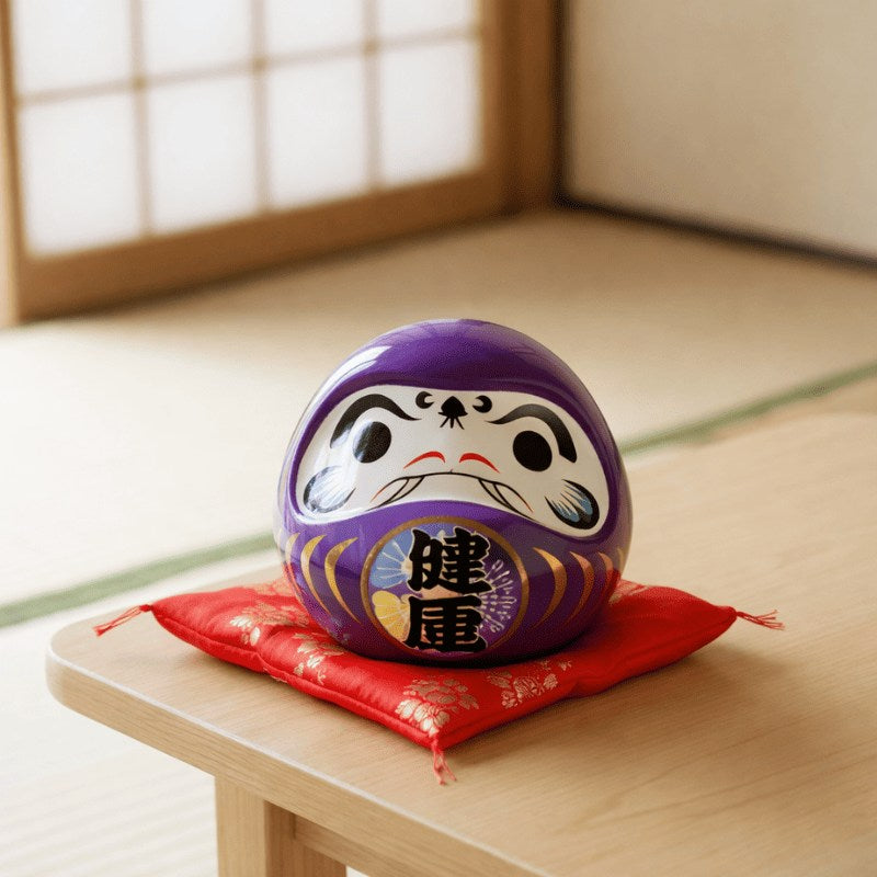 Vitality inspired japanese daruma doll purple in glossy purple ceramic resting on red silk cushion atop wooden table in peaceful tatami floor setting