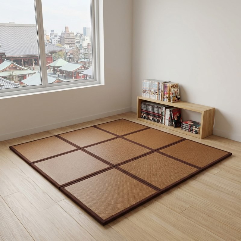 Rattan japanese mat squares in natural tones near window with traditional rooftops view and bookshelf with manga collection
