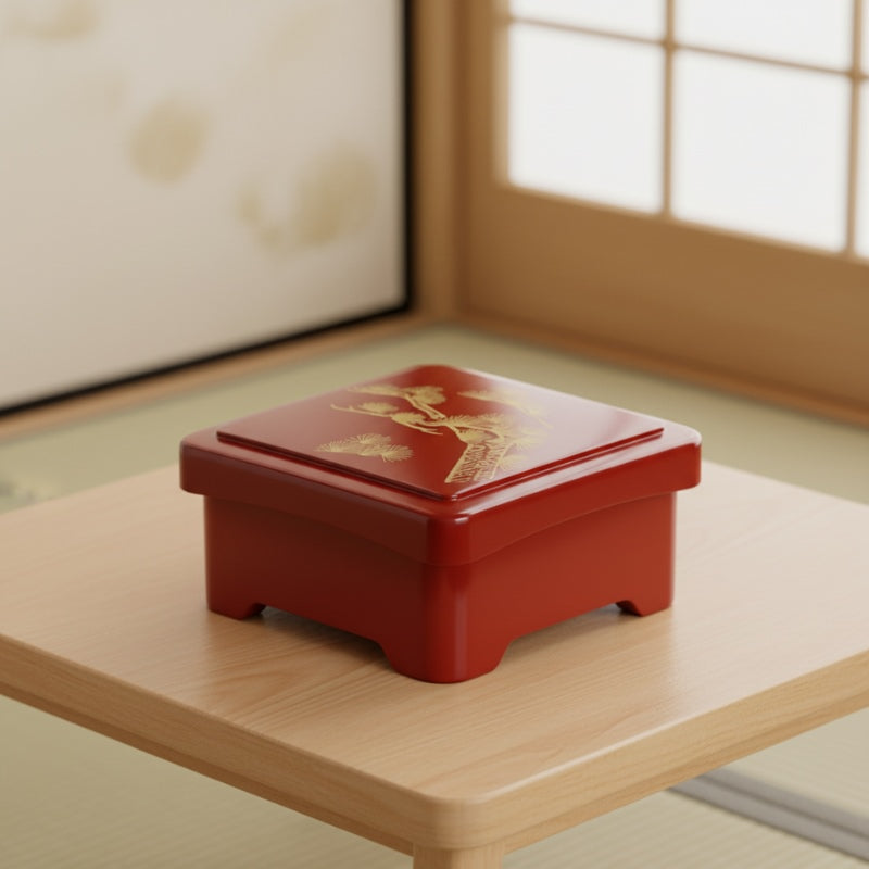 Traditional red bento box sushi featuring golden pine artwork on white surface in minimalist Japanese room with tatami